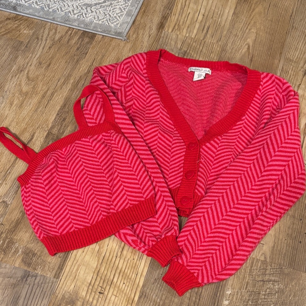 Sincerely Jules Red Chevron Cardigan Set